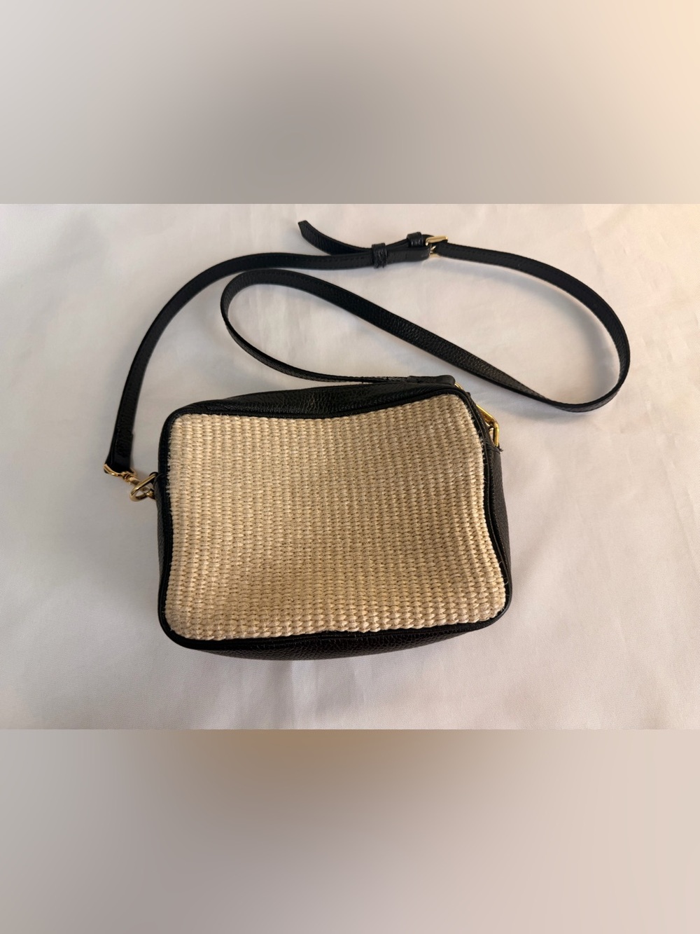 Quince Gemma Raffia and Black Leather Crossbody Bag